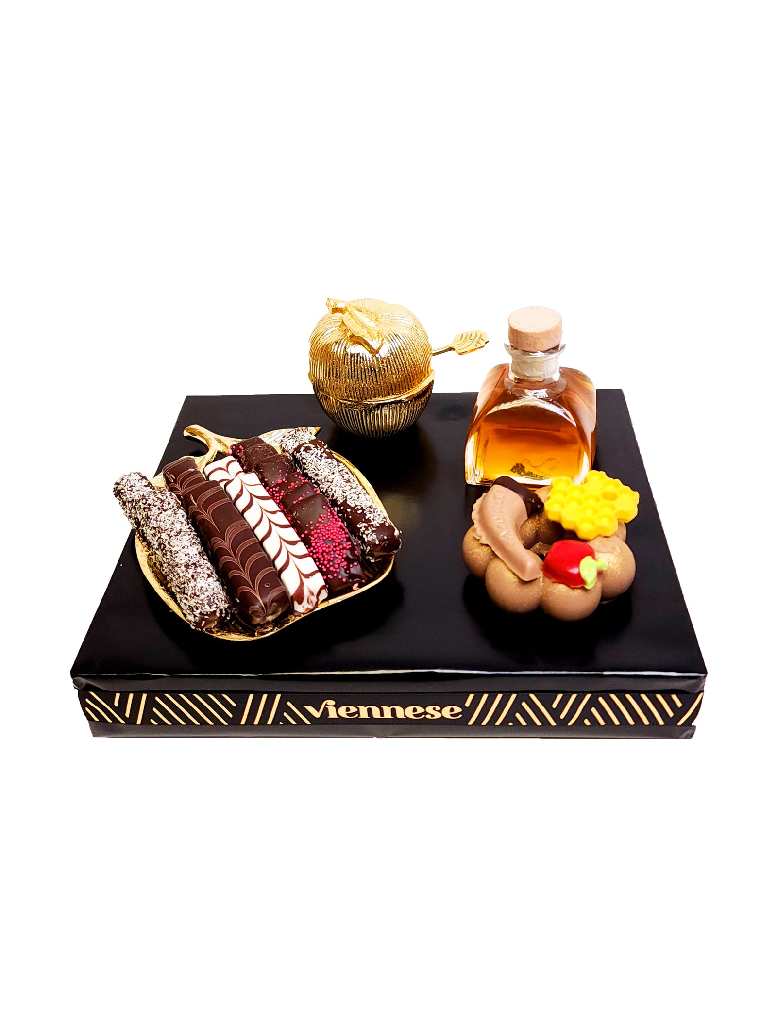 Rosh Hashanah Gold Apple Tray Honey Dish Chocolate Gift Arrangement