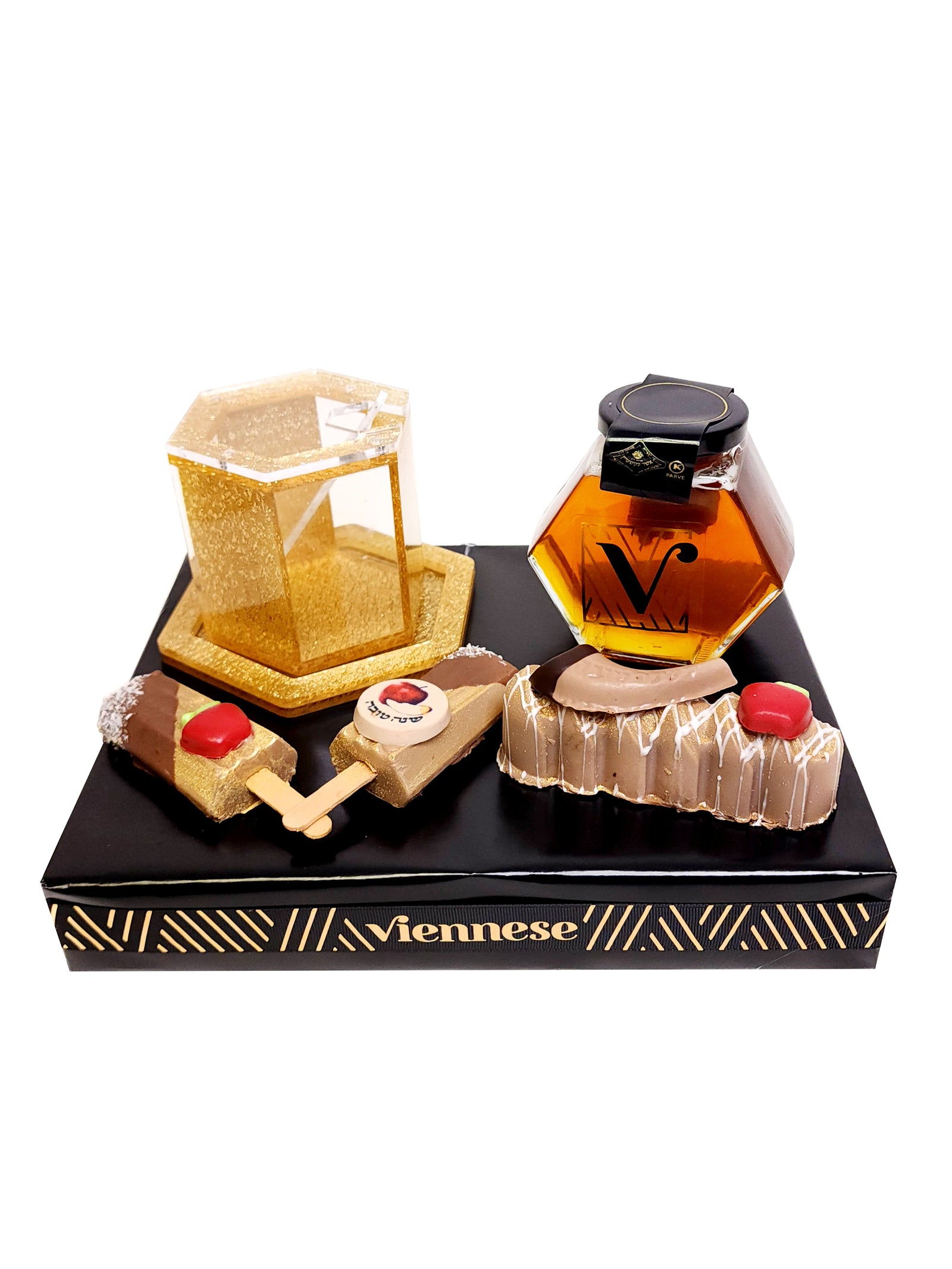 Rosh Hashanah Acrylic Clear and Gold Honey Dish Chocolate Gift Arrangement