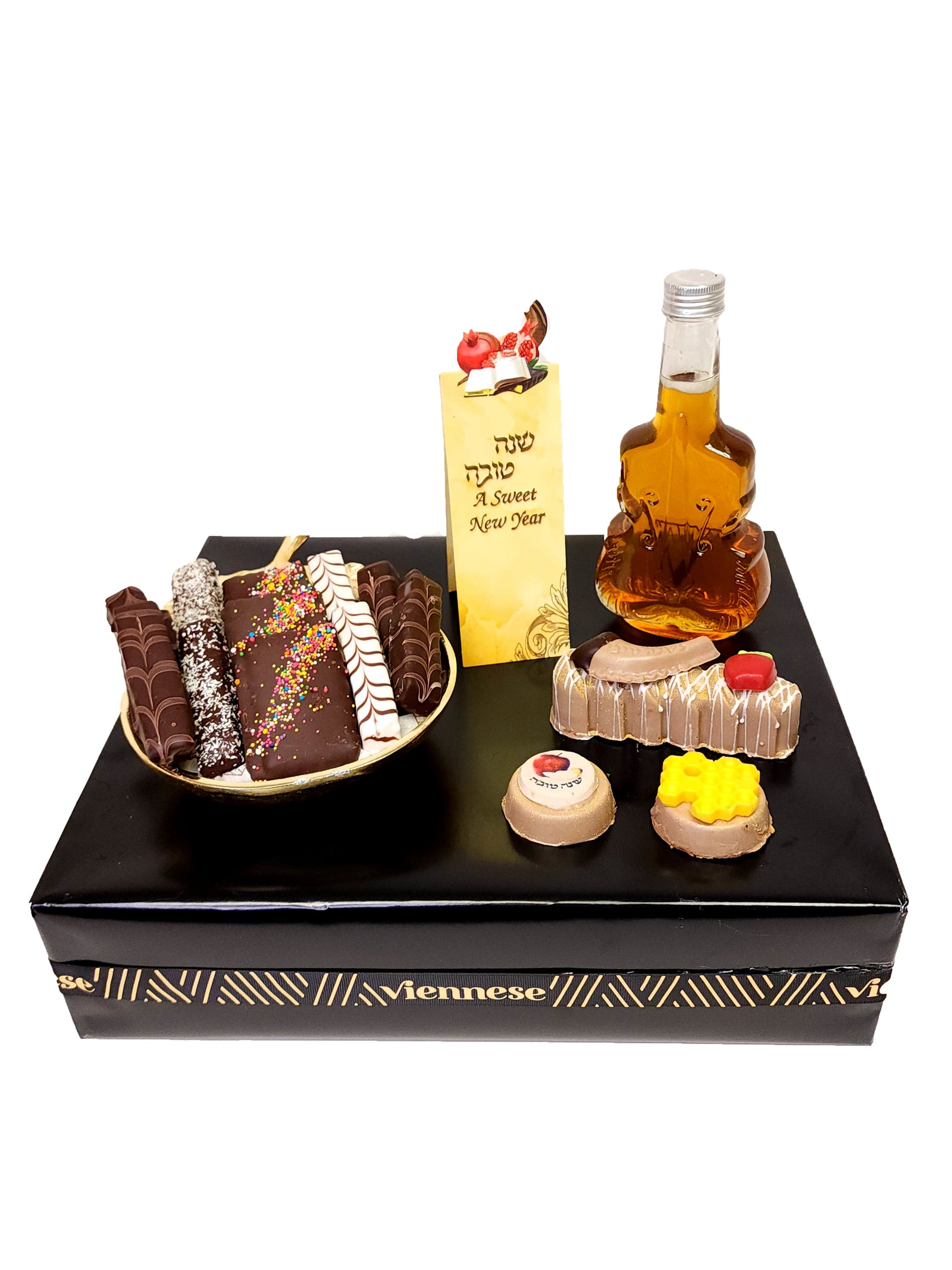 Rosh Hashanah Gold Apple Dish Chocolate Honey Gift Arrangement