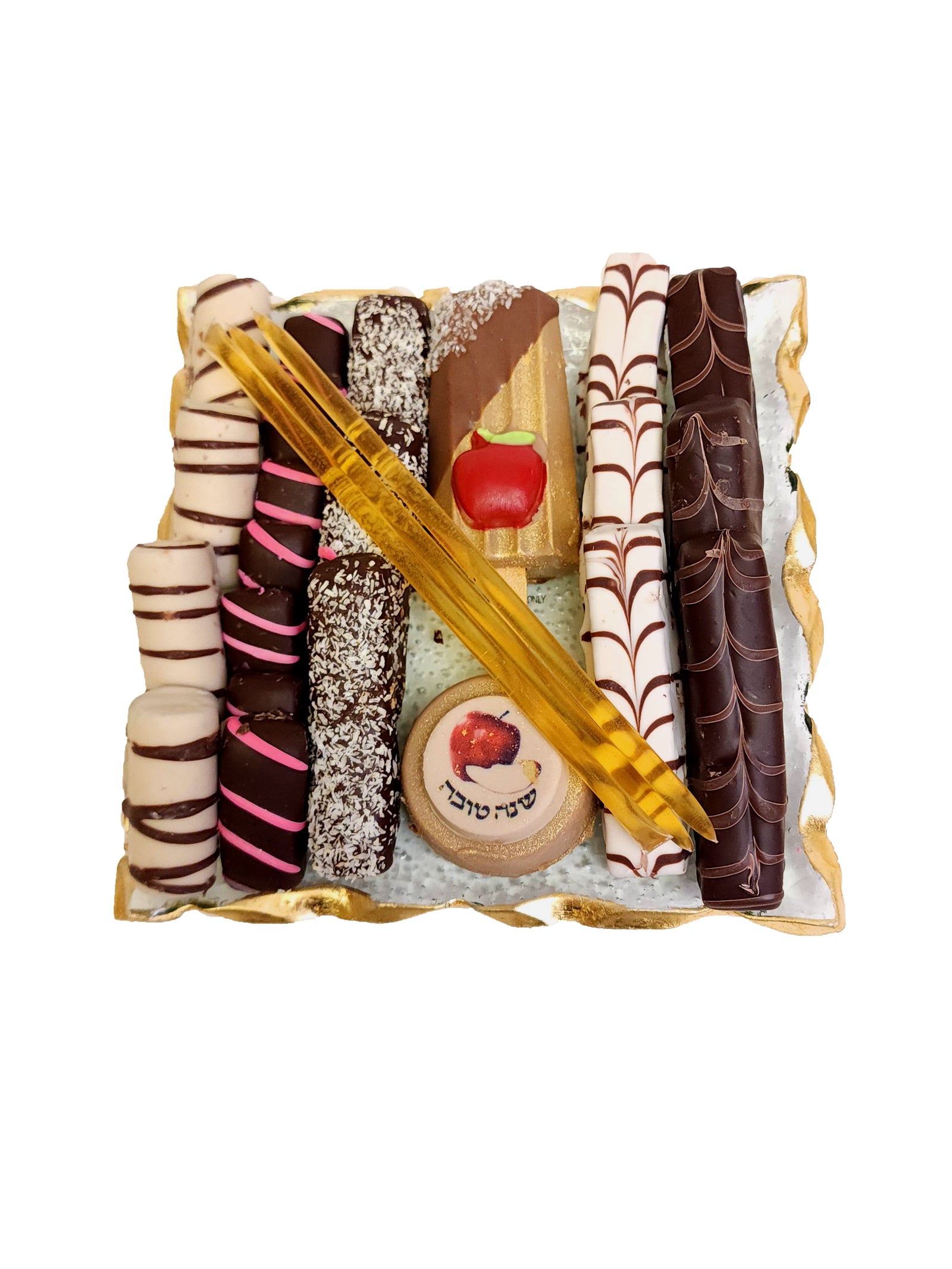 Rosh Hashanah Elegant Crystal and Gold Plate Chocolate Honey Gift Arrangement