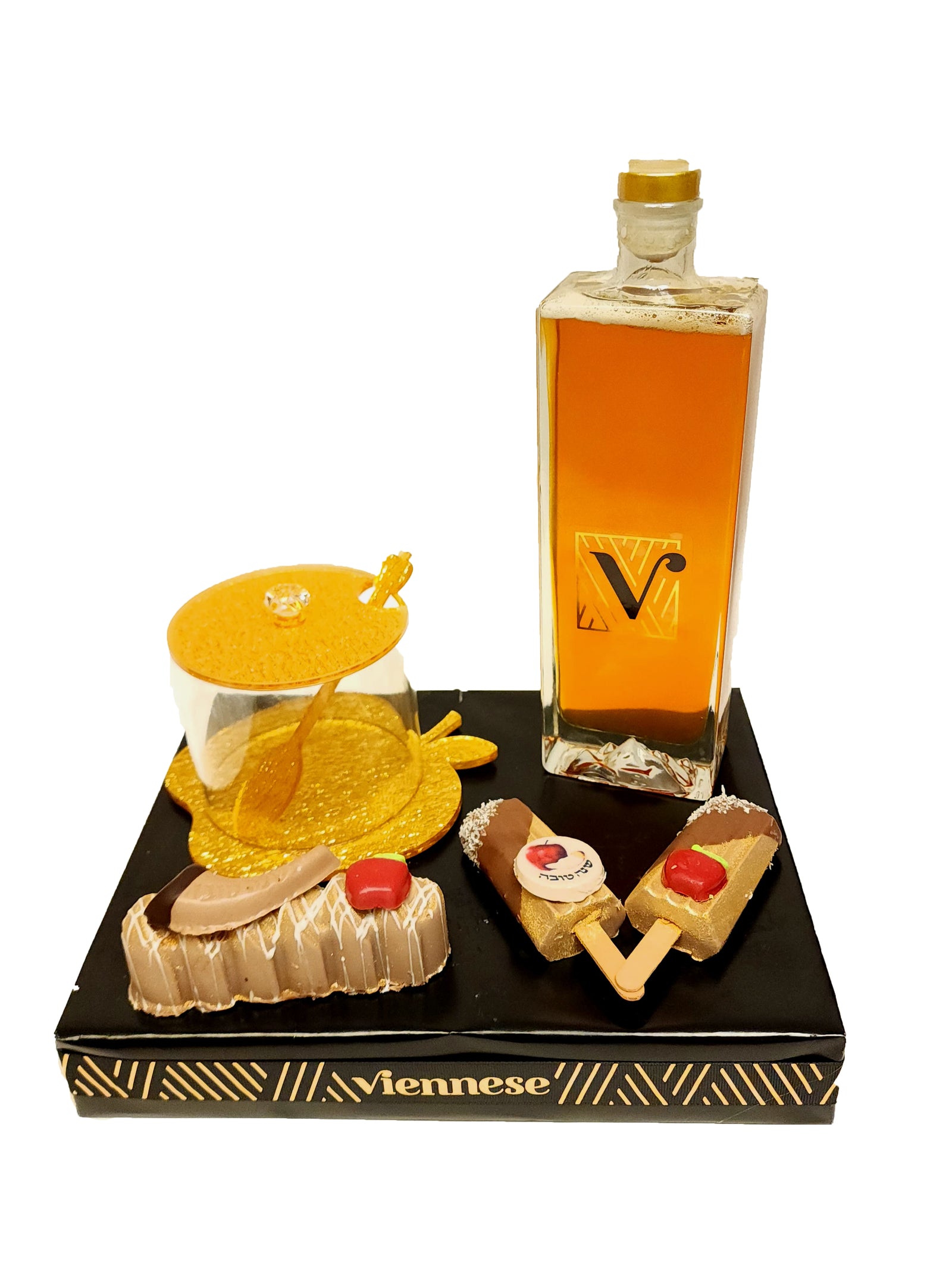 Rosh Hashanah Acrylic Gold Elegant Apple Dish Honey Chocolate Gift Arrangement