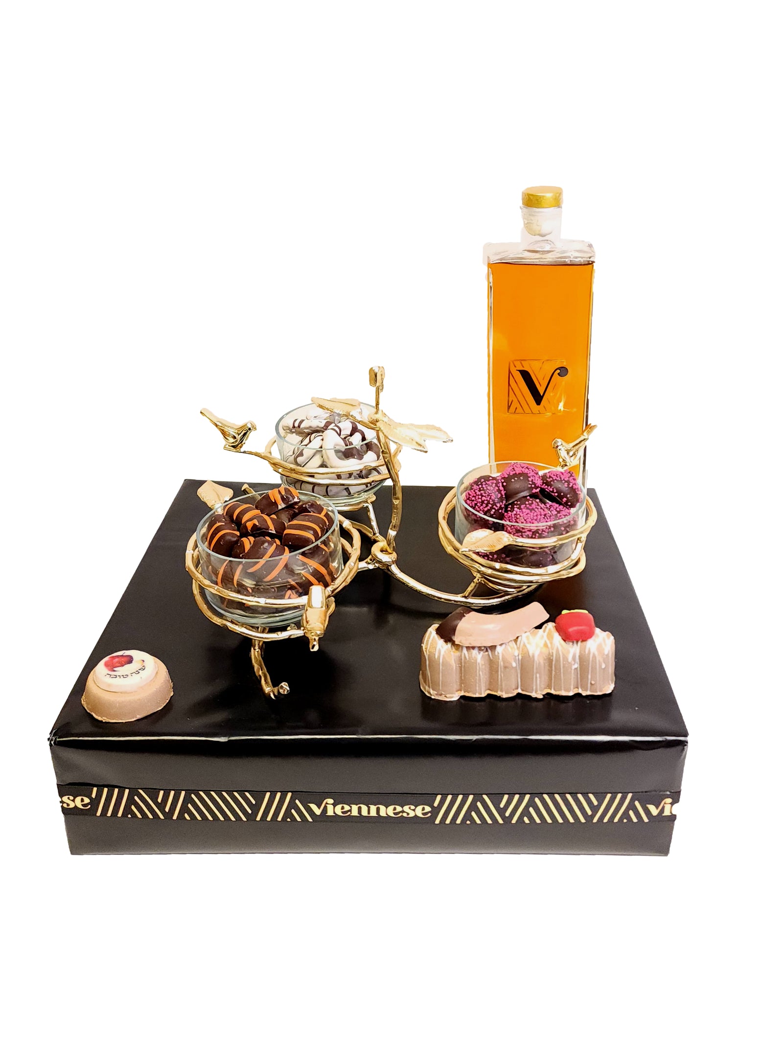 Rosh Hashanah Elegant Chocolate Trio Dish Honey Gift Arrangement