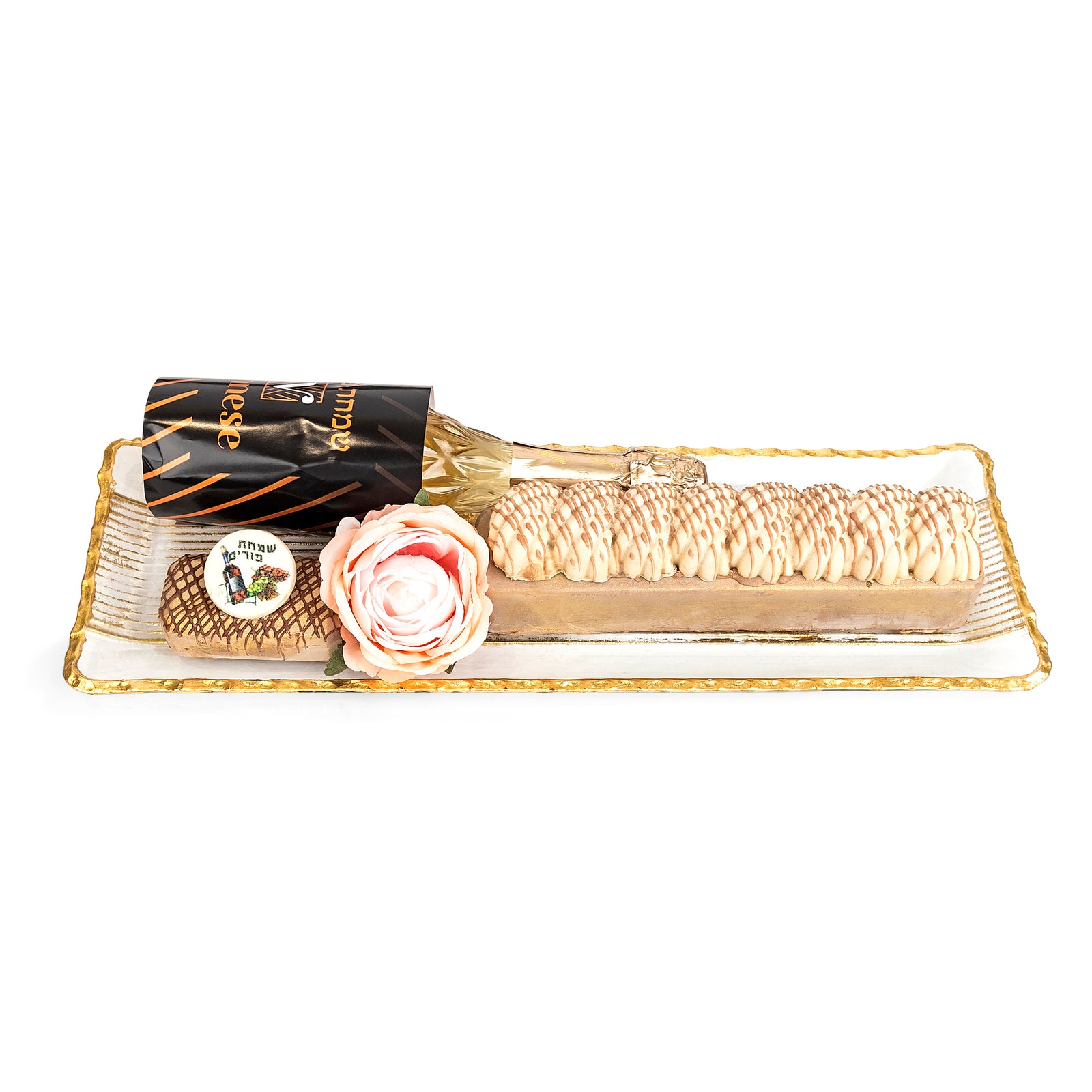 Purim Gift Glass Gold Tray Fine Chocolate Logs Basket Mishloach Manos