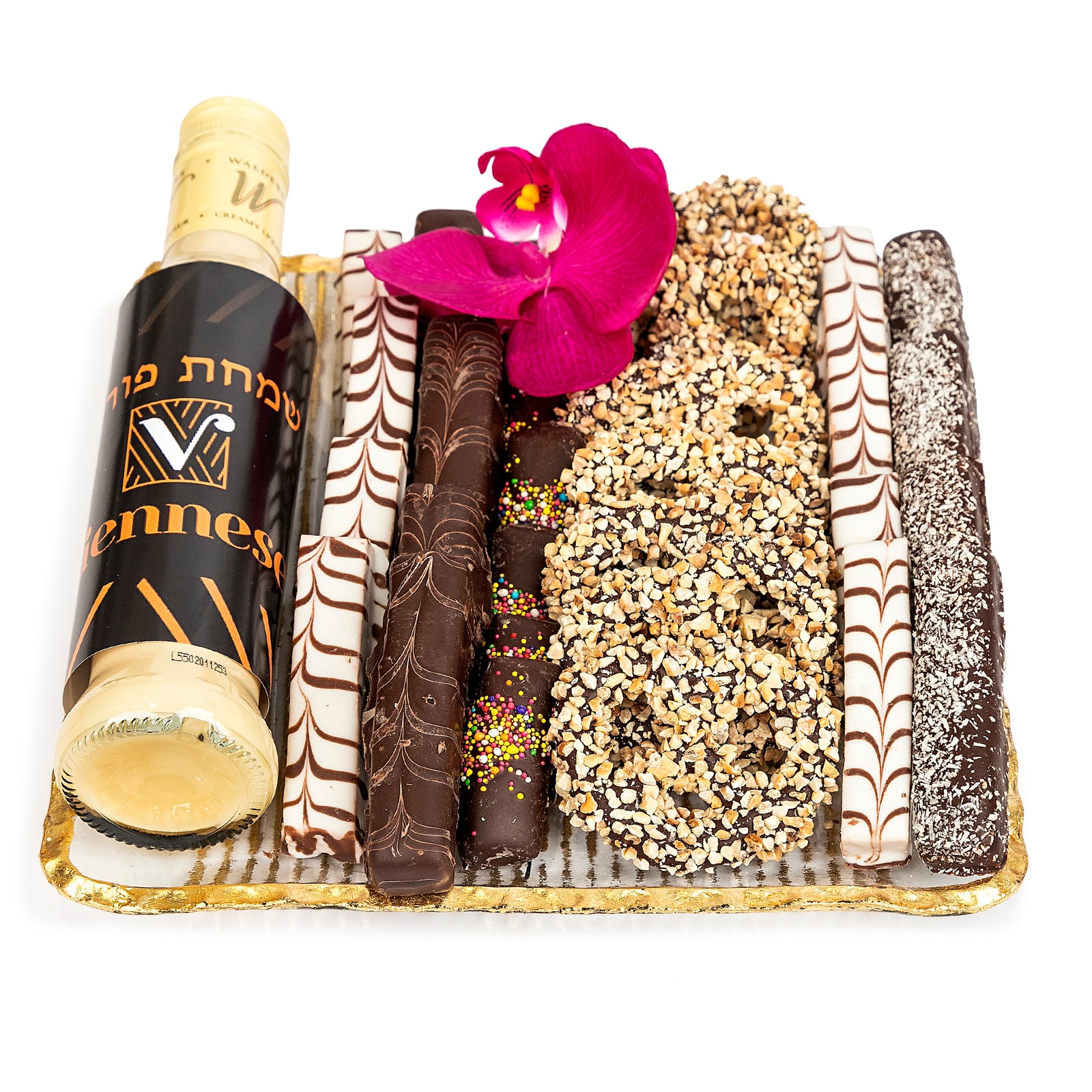 Purim Gift Elegant Glass Gold Square Chocolate Arrangement Basket Mishloach Manos