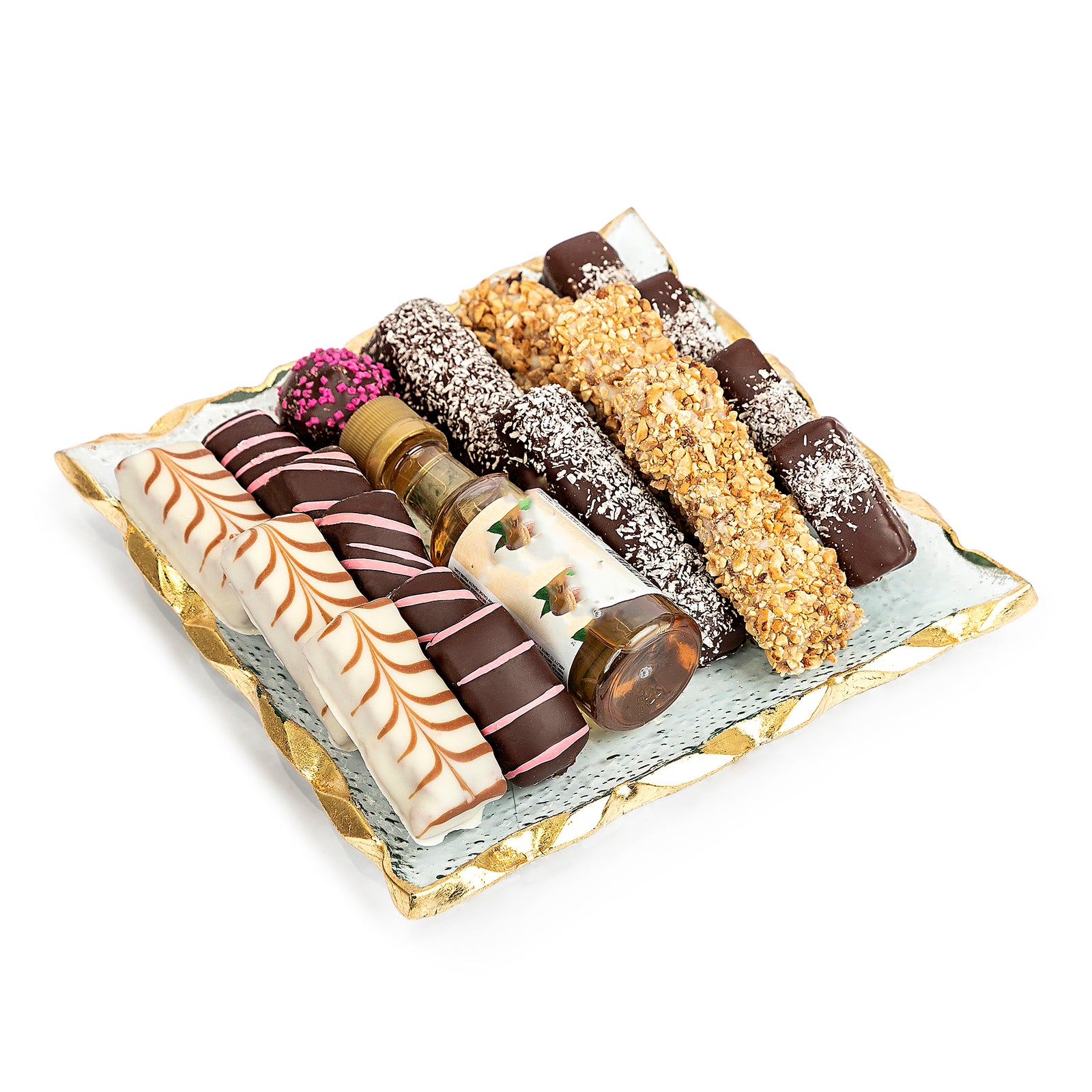 Purim Gift Chocolate Arrangement on glass tray Basket Mishloach Manos