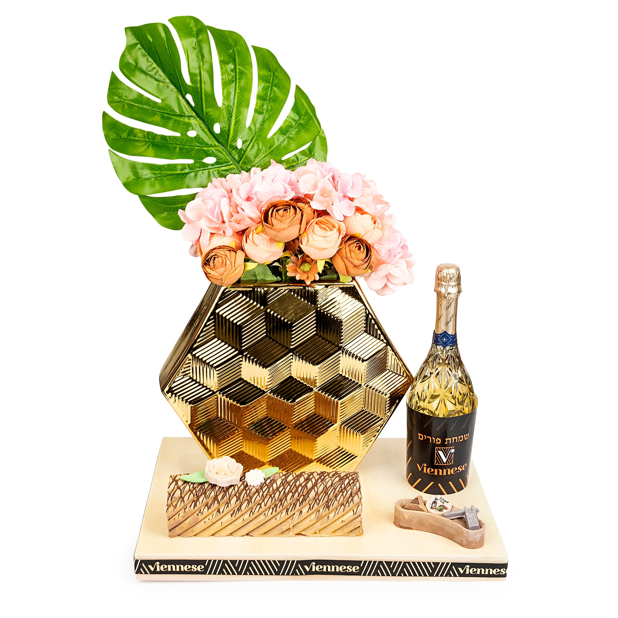 Purim Gift Chocolate Gold Vass Flower Arrangement Basket Mishloach Manos