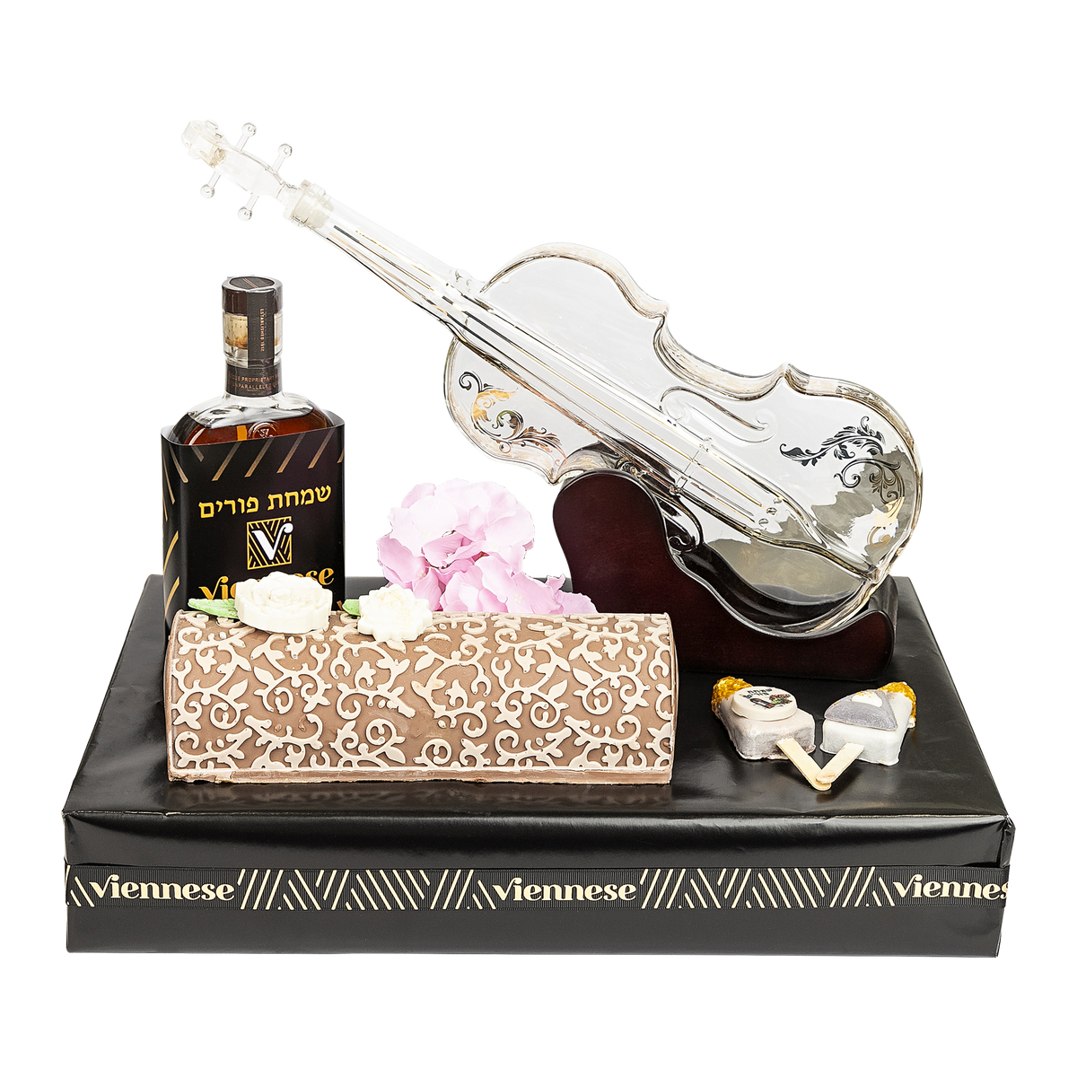Purim Viennese Violin Decanter Chocolate Gift Arrangement Gift Mishloach Manos