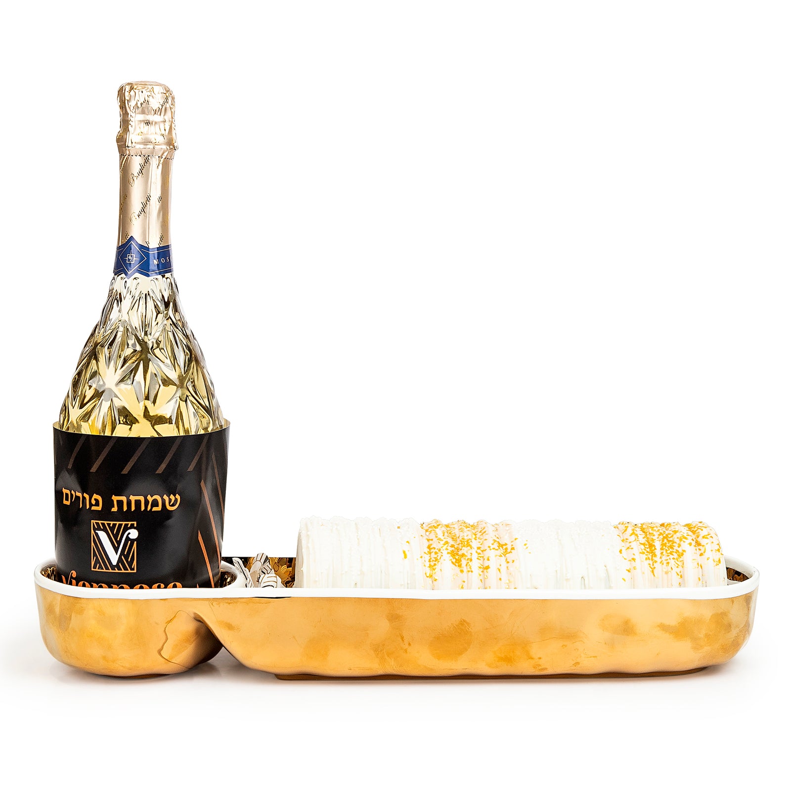 Gold Dish Log And Wine Mishloach Manos Purim Gift Basket