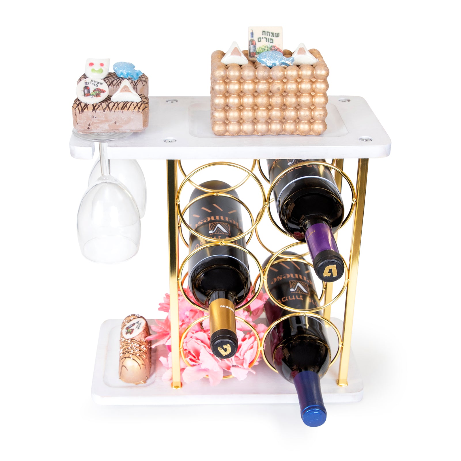 6 Bottle Wine Holder With Glasses Chocolate Purim Gift Basket