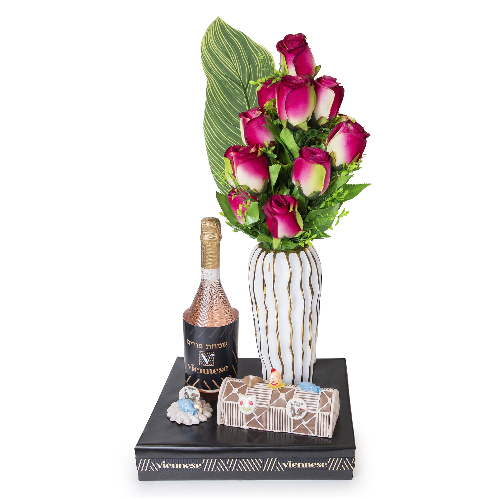 White & Gold Flower Vase Chocolate Purim Gift Basket