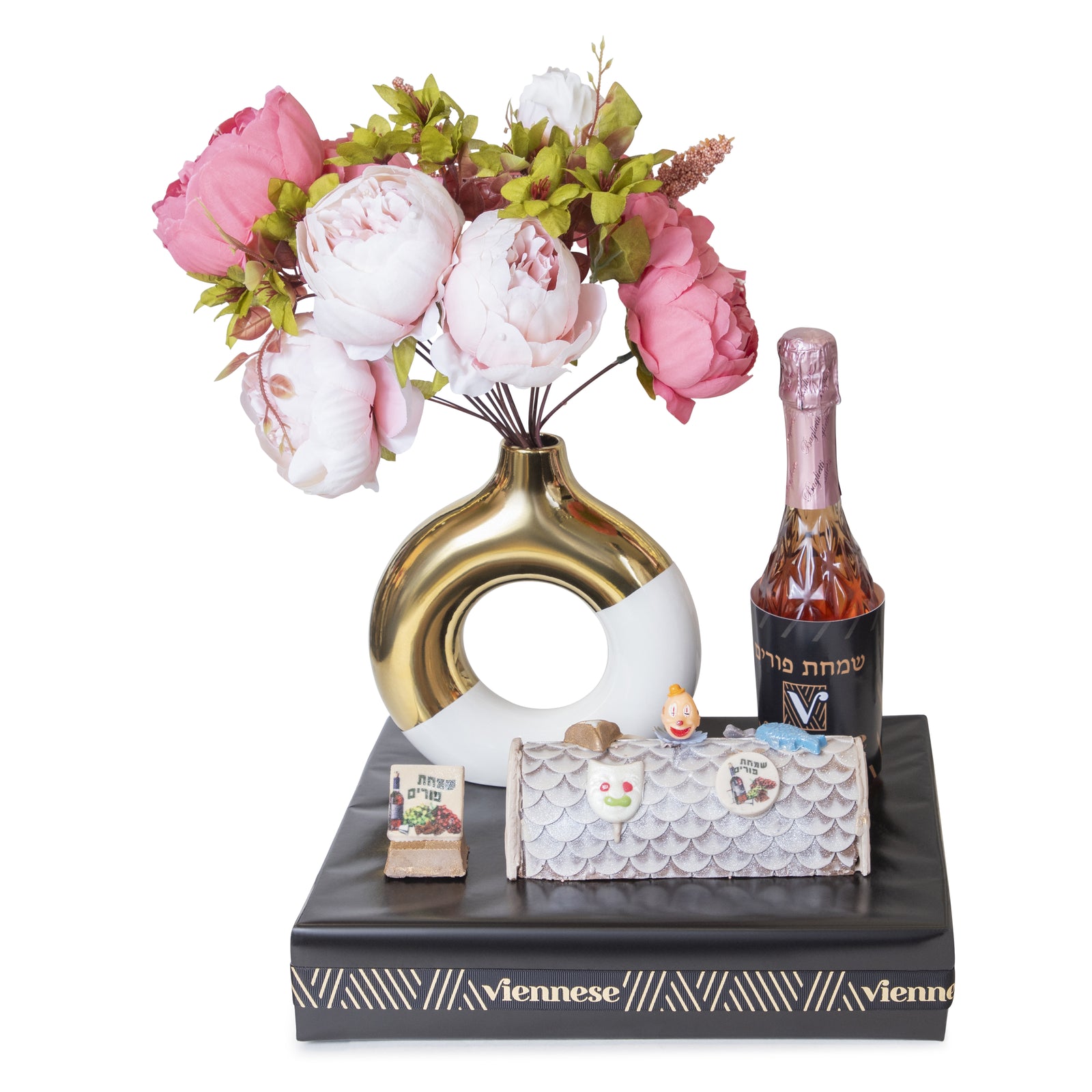 White & Gold Circle Flower Vase Chocolate Purim Gift Basket