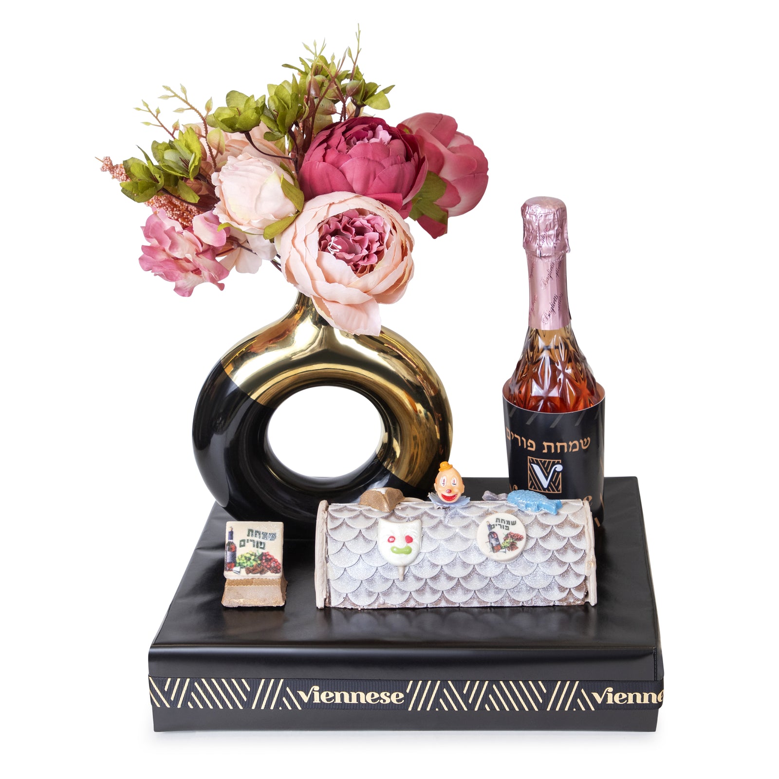 Black & Gold Circle Flower Vase Chocolate Purim Gift Basket