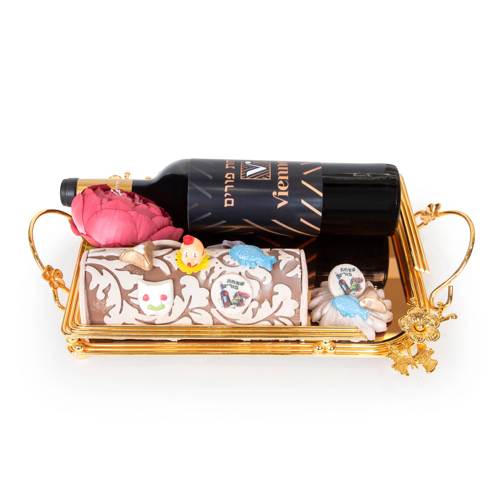 Gold Tray With Flower Chocolate Purim Gift Basket