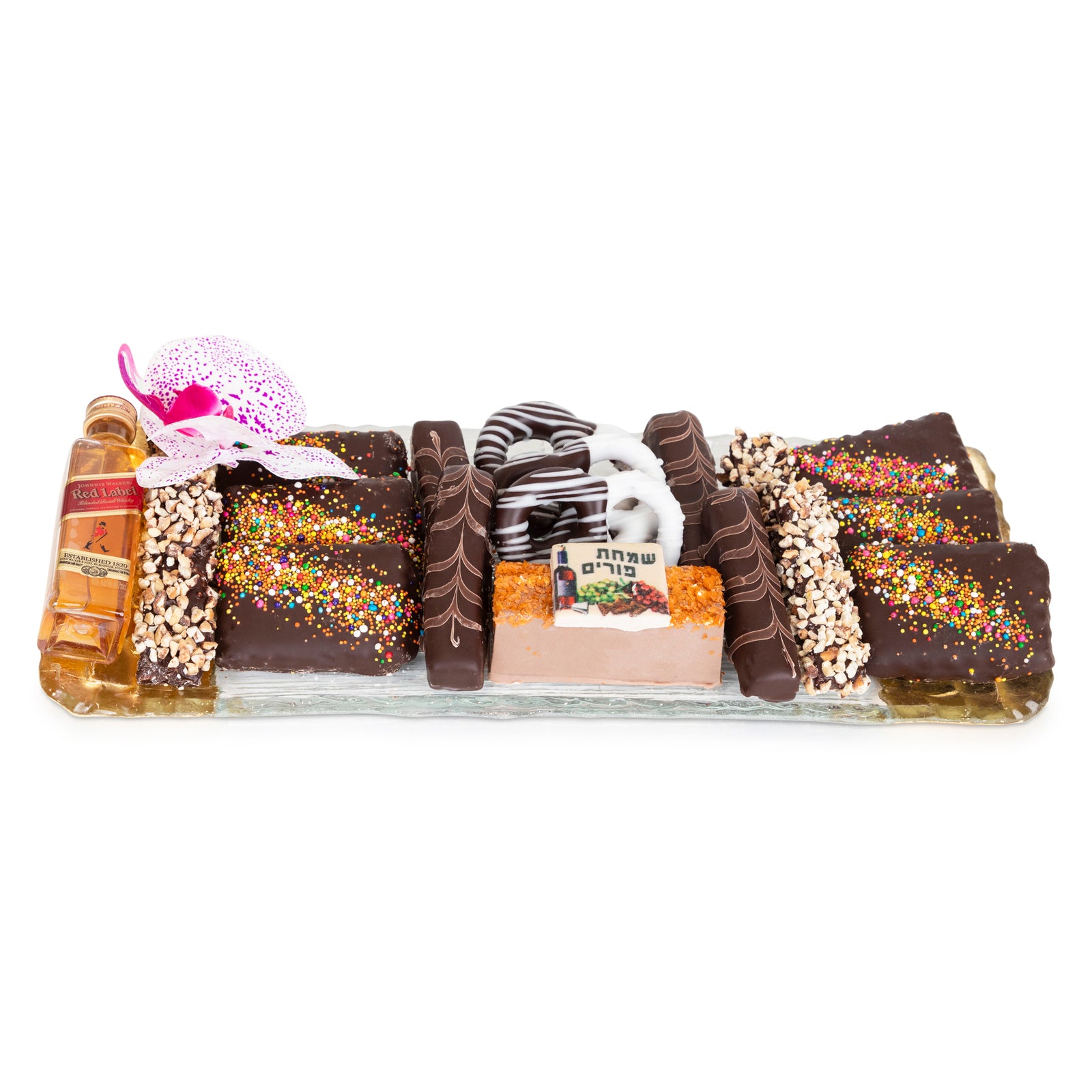 Crystal Tray Gold Edges Chocolate Purim Gift Basket