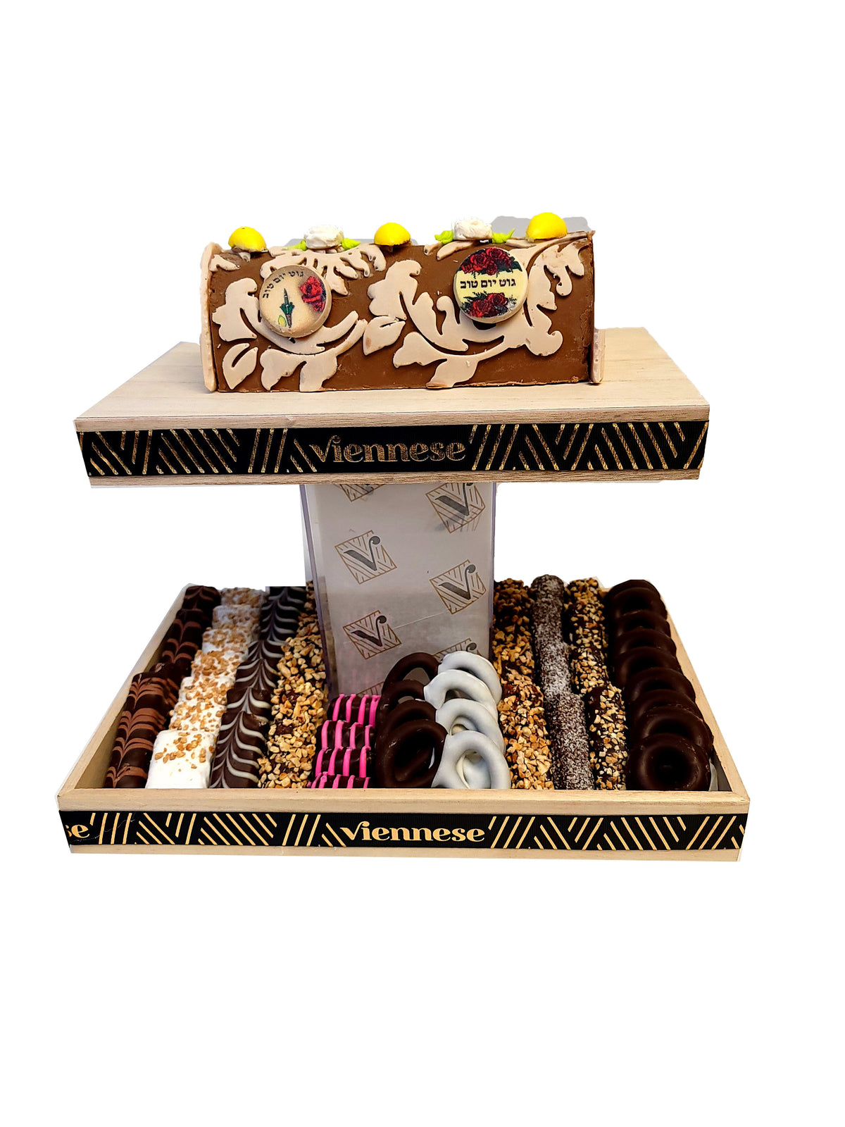 Sukkot Two Tiere With Log Chocolate Gift Arrangment