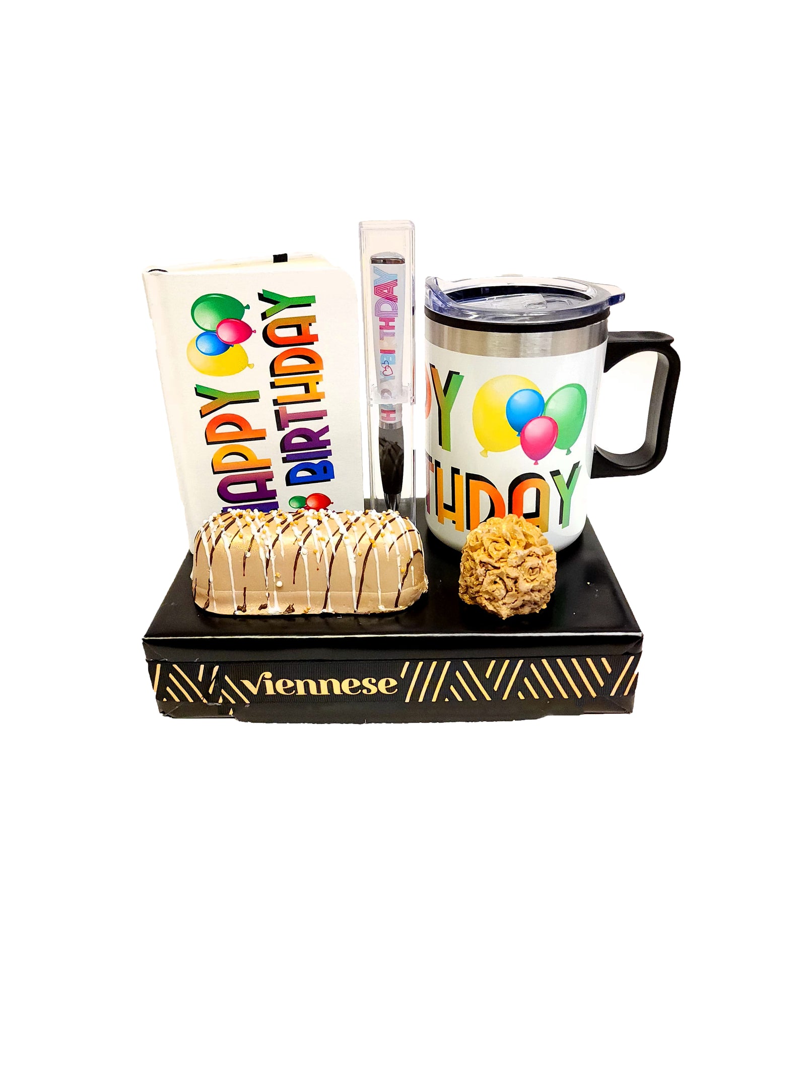 Happy Birthday Gift Chocolate Arrangement Journal Pen and Mug