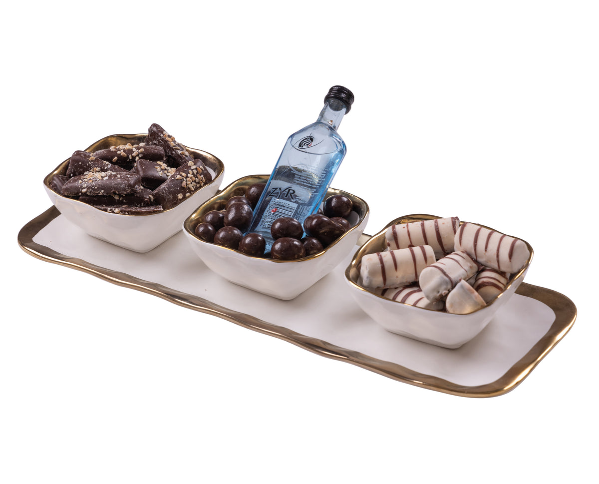 Purim Mishloach Manot white and Gold Server Gift Basket Chocolate