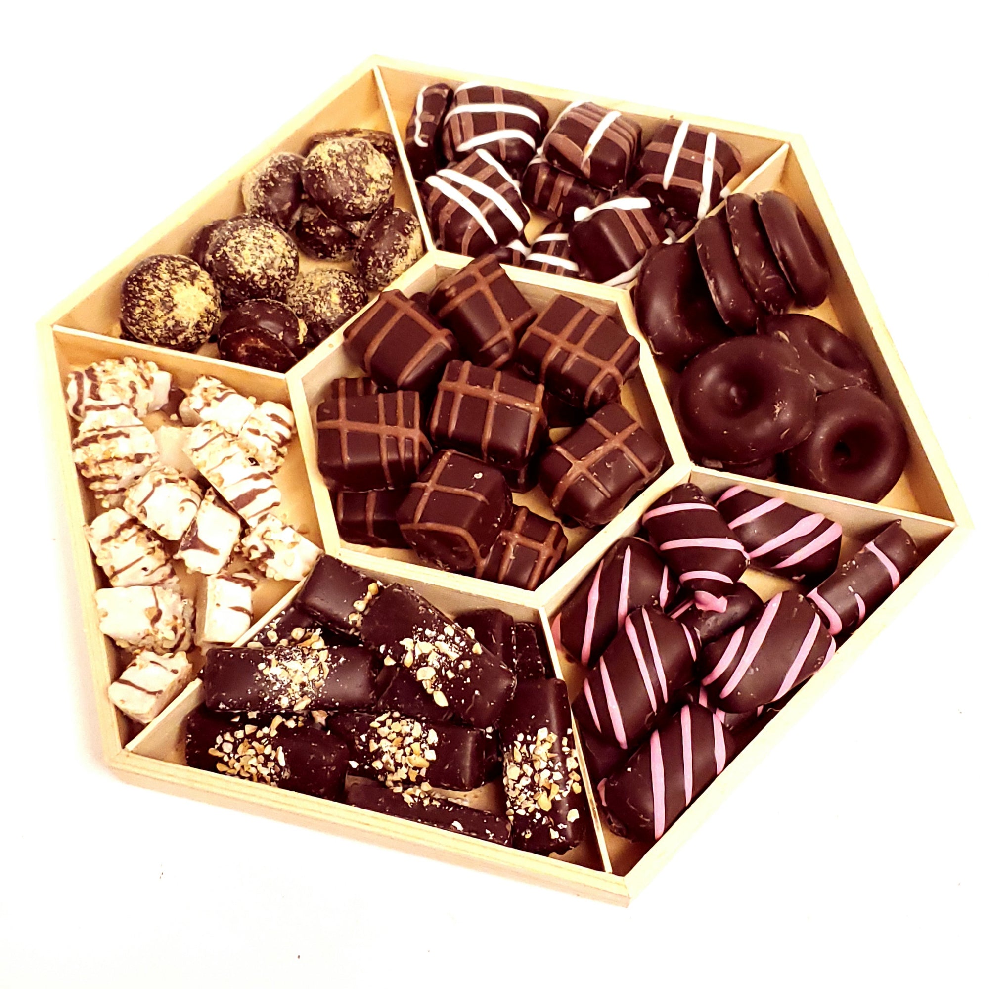 7 SECTION WOOD CHOCOLATE GIFT ARRANGMENT