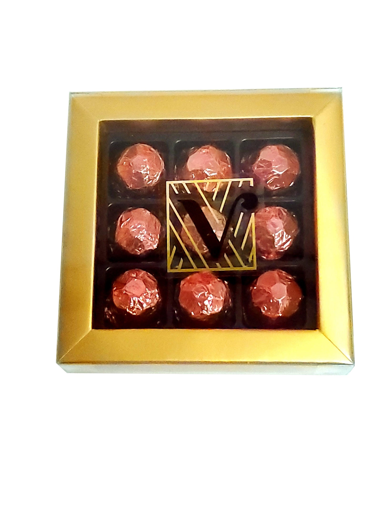 Gold 9 pec window box Pink foil Chocolate