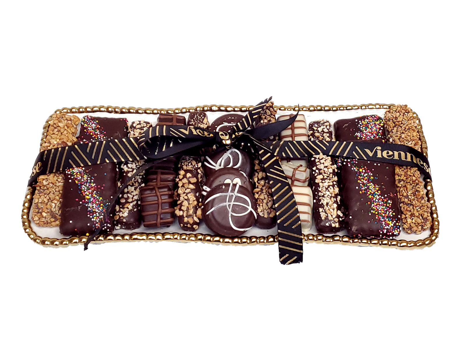 long chocolate platter white and gold