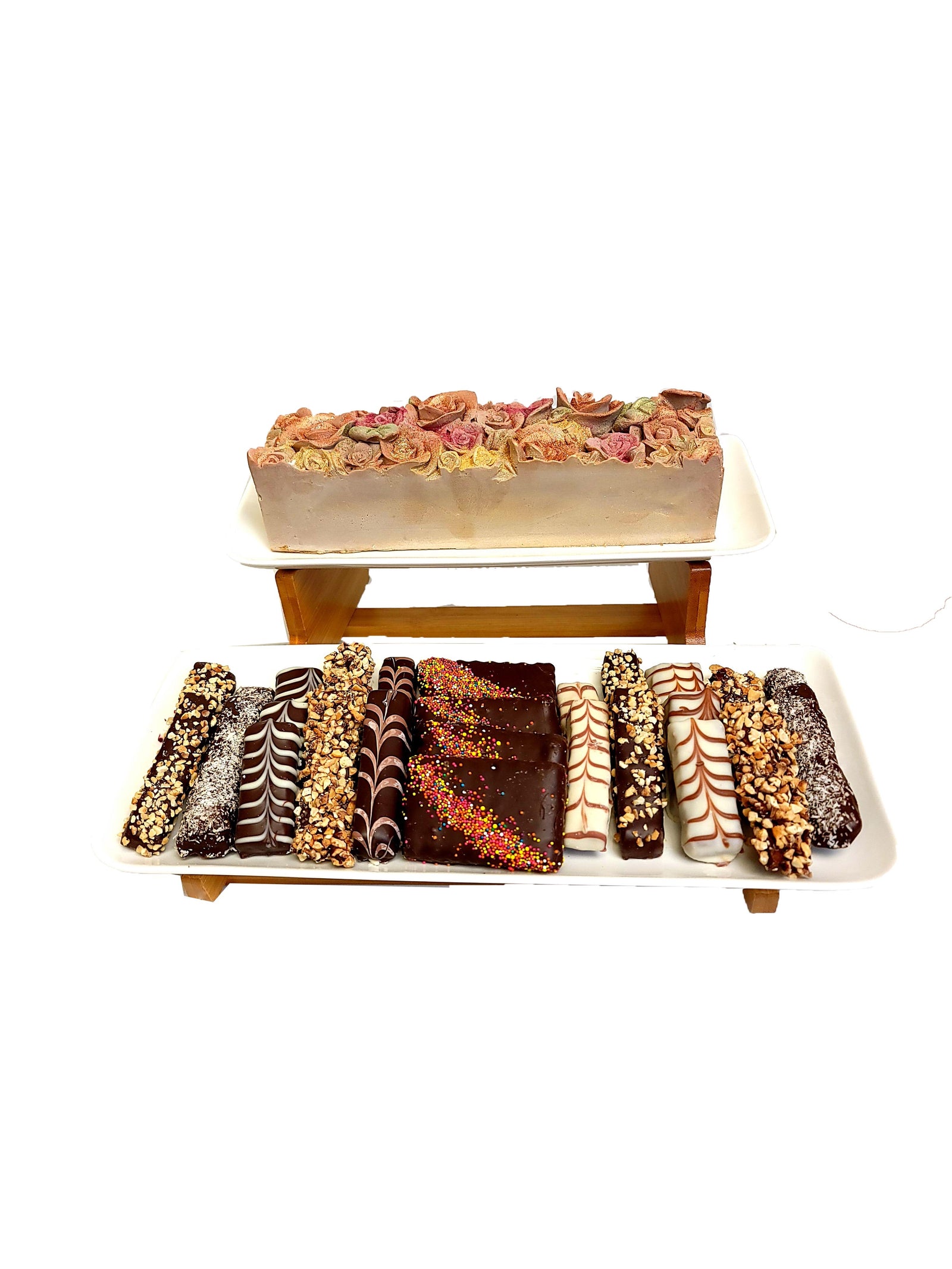 white and wood 2 tier platter