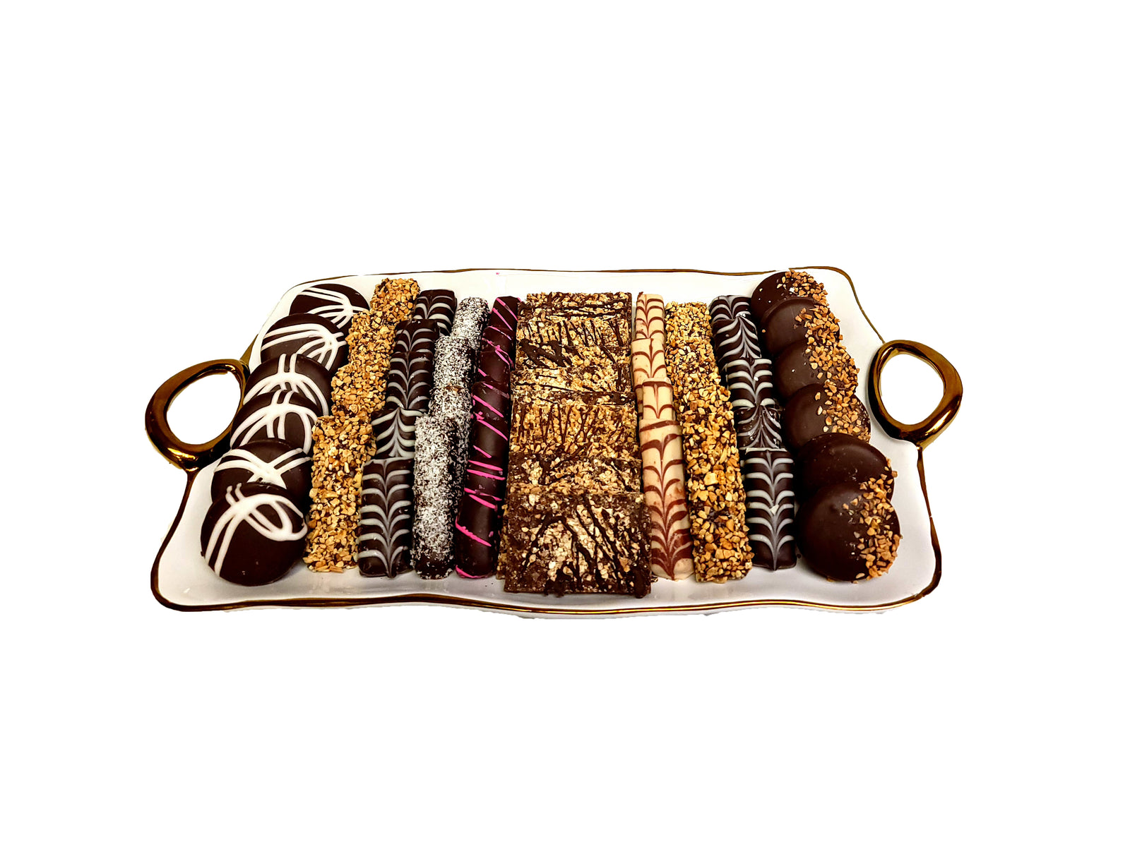 white and gold large chocolate platter serving Chocolate