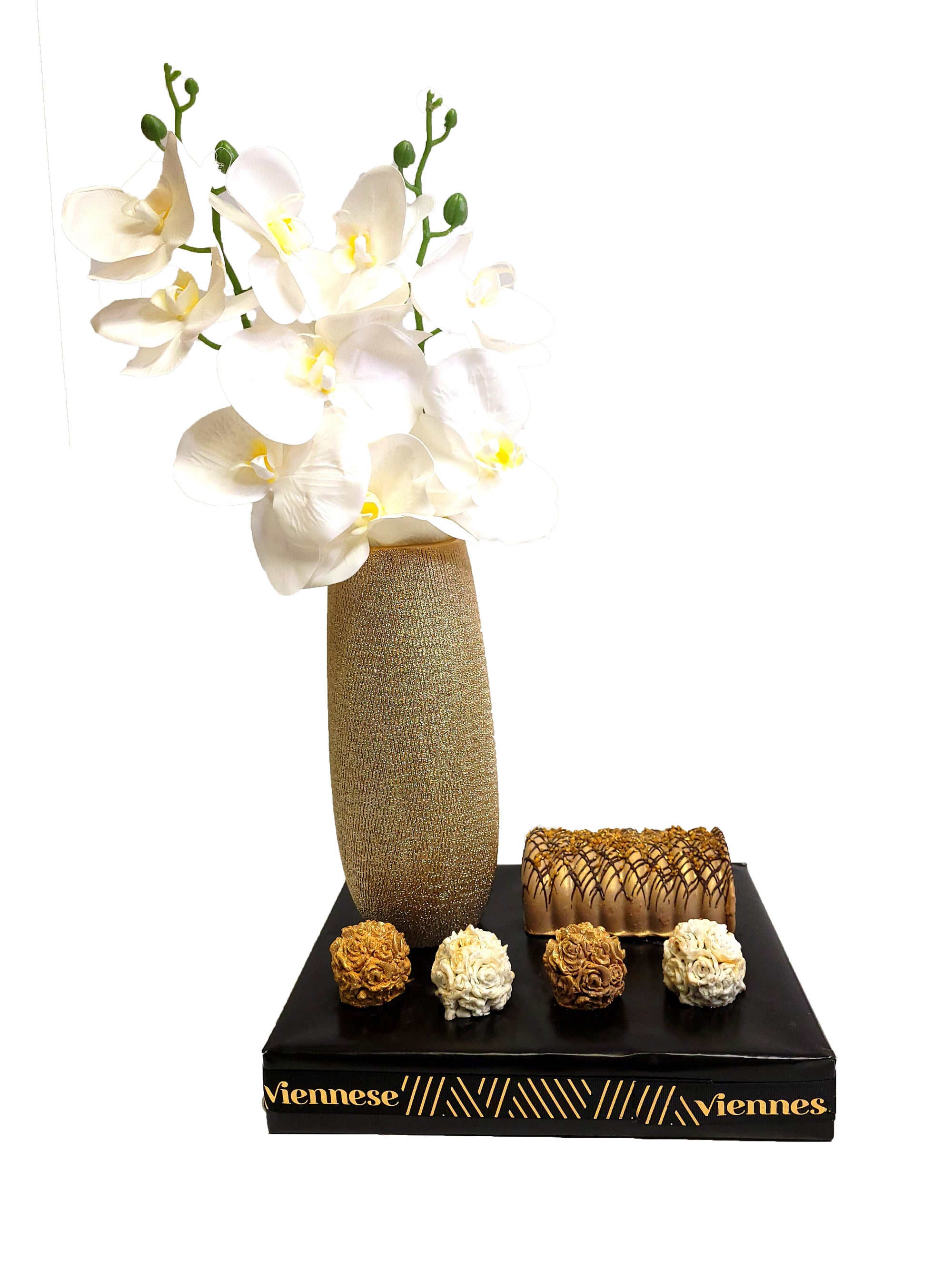 gold and white chocolate flower arrangment