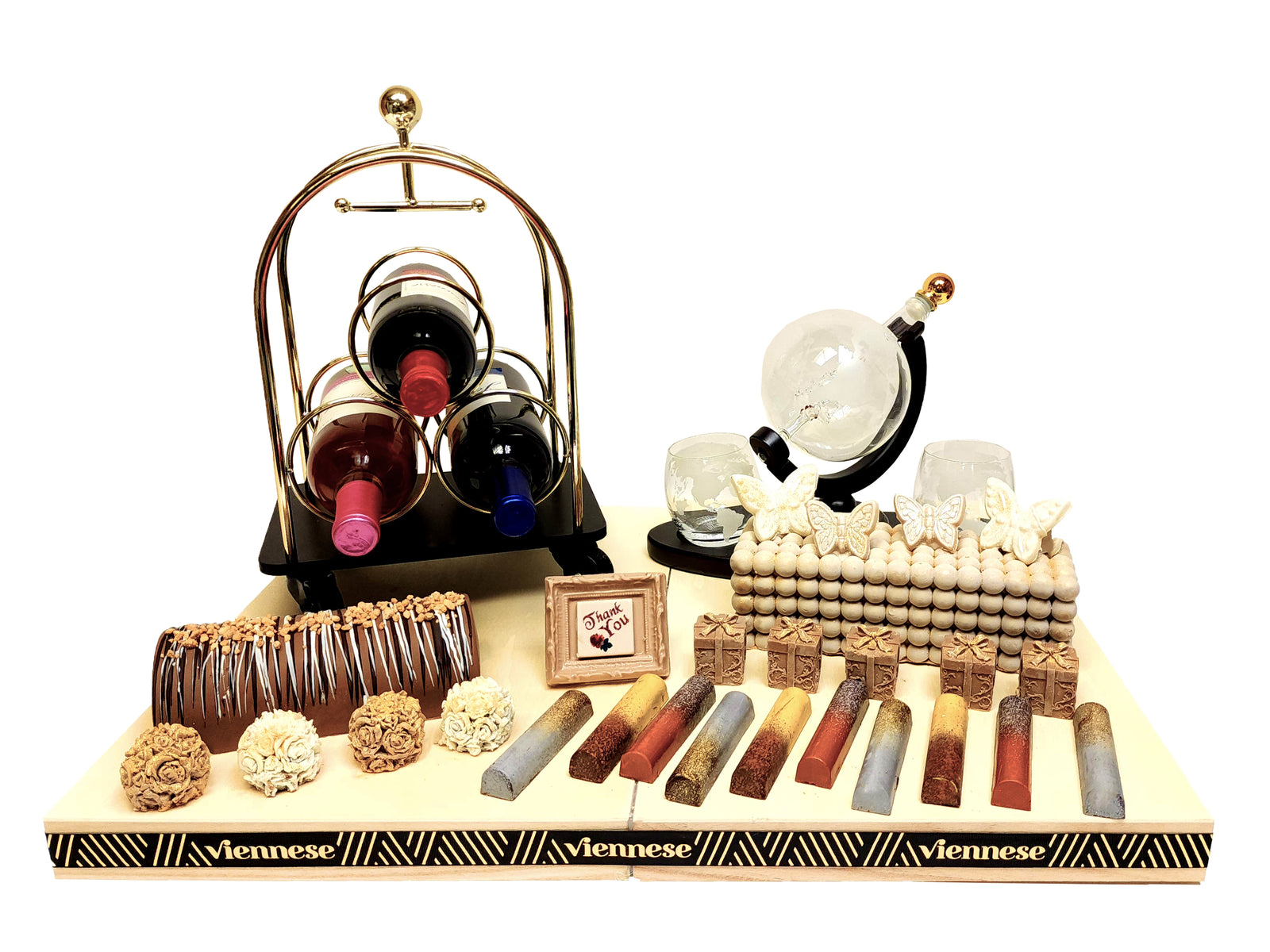 Chocolate arrangement globe decanter and Hotel cart Gift