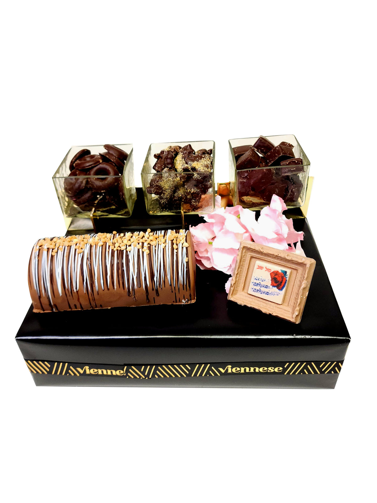 3 sectional glass with gold bass Chocolate log arrangement Gift